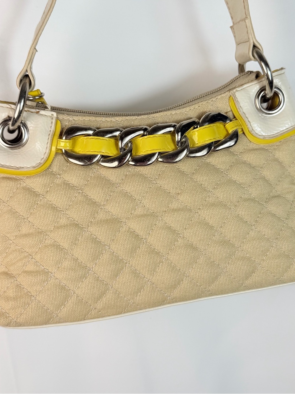 Vintage 2000s Attention Quilted Shoulder Bag Neon Yellow Chain Detail Y2K Style